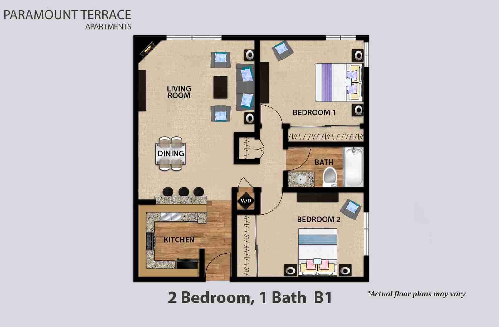 2 Bedroom 1 Bath Floorplan B1